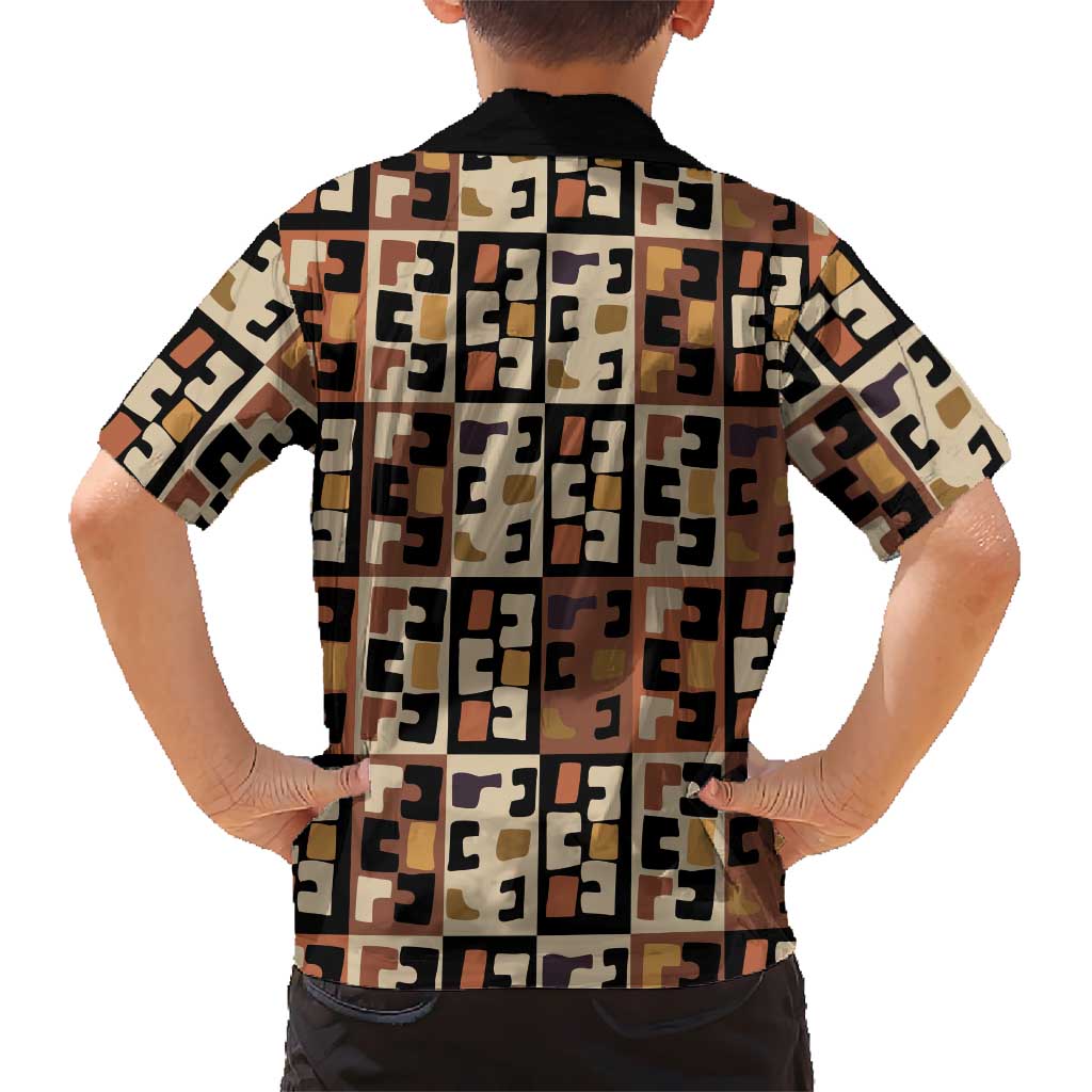 Kuba Flow Family Matching Short Sleeve Bodycon Dress and Hawaiian Shirt with Geometric Tribal Blocks and Earth-Tone Mosaic Design - Wonder Print Shop