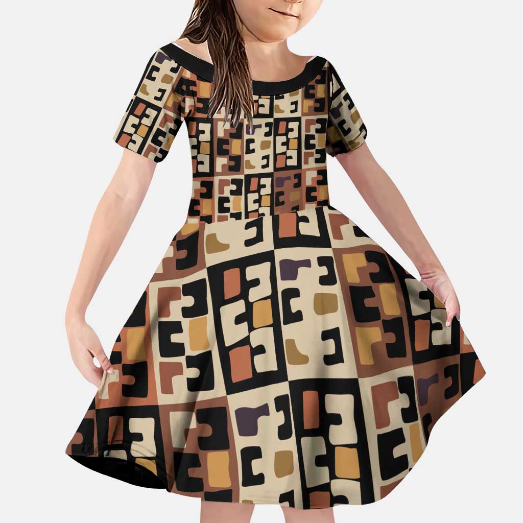 Kuba Flow Family Matching Short Sleeve Bodycon Dress and Hawaiian Shirt with Geometric Tribal Blocks and Earth-Tone Mosaic Design - Wonder Print Shop