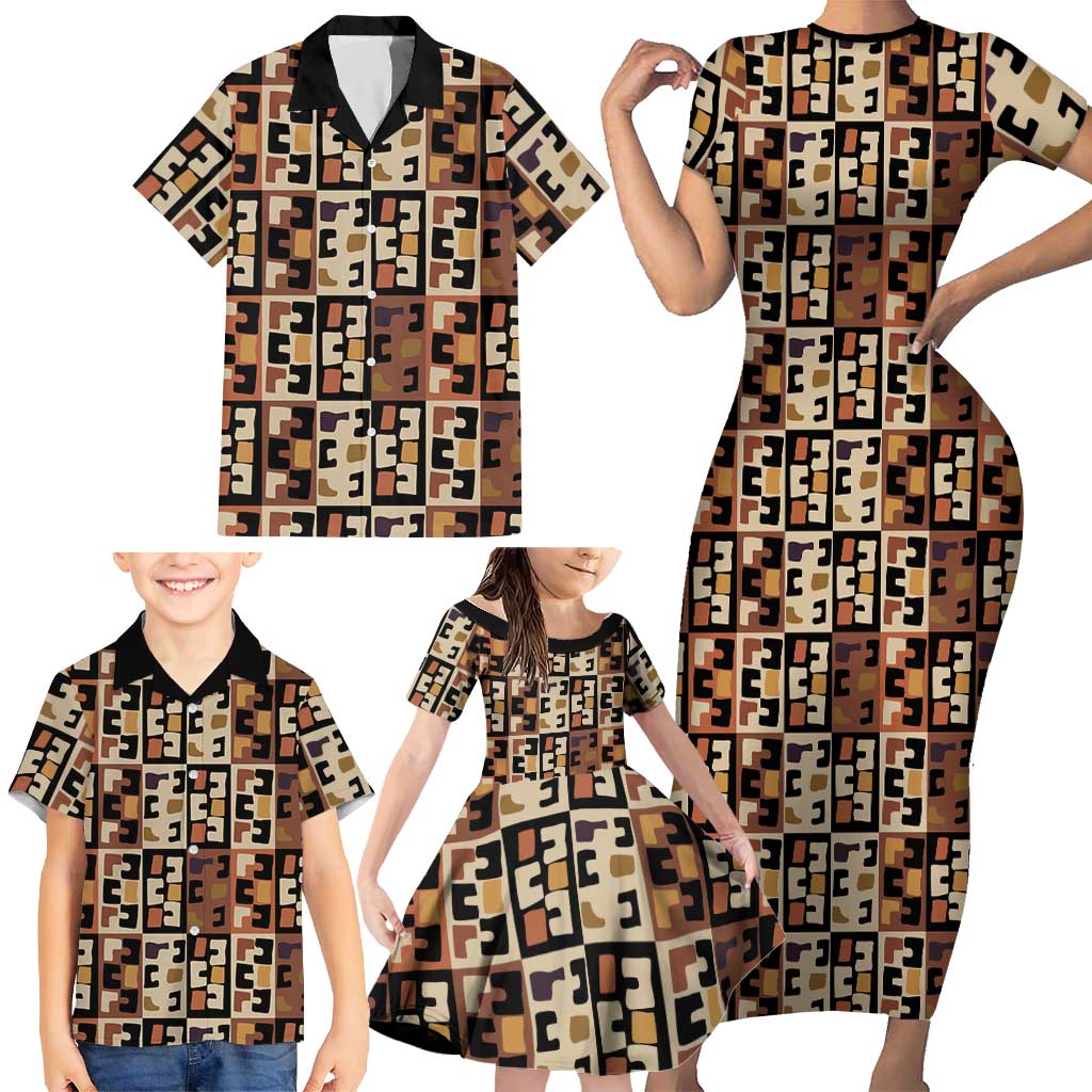 Kuba Flow Family Matching Short Sleeve Bodycon Dress and Hawaiian Shirt with Geometric Tribal Blocks and Earth-Tone Mosaic Design - Wonder Print Shop