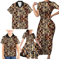 Kuba Flow Family Matching Short Sleeve Bodycon Dress and Hawaiian Shirt with Geometric Tribal Blocks and Earth-Tone Mosaic Design - Wonder Print Shop