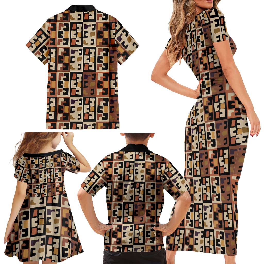 Kuba Flow Family Matching Short Sleeve Bodycon Dress and Hawaiian Shirt with Geometric Tribal Blocks and Earth-Tone Mosaic Design - Wonder Print Shop