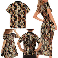 Kuba Flow Family Matching Short Sleeve Bodycon Dress and Hawaiian Shirt with Geometric Tribal Blocks and Earth-Tone Mosaic Design - Wonder Print Shop