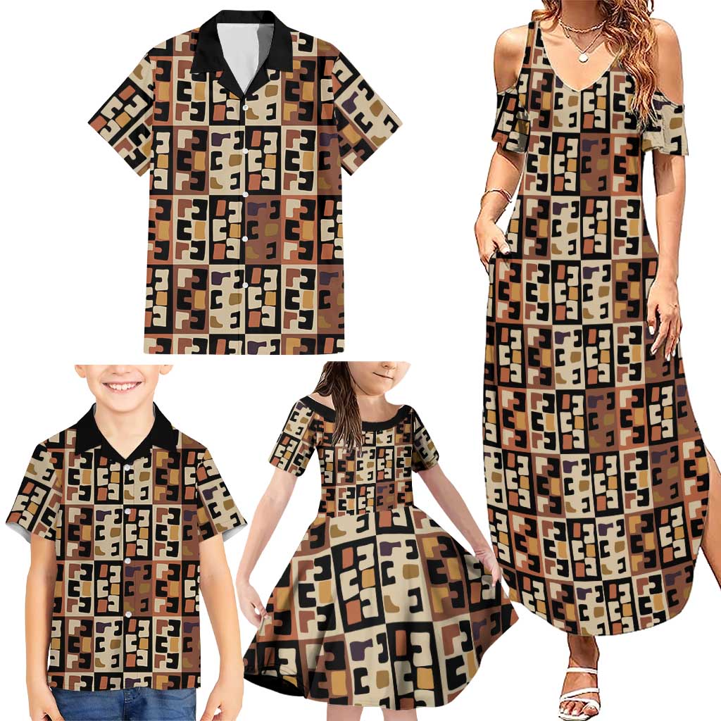 Kuba Flow Family Matching Summer Maxi Dress and Hawaiian Shirt with Geometric Tribal Blocks and Earth-Tone Mosaic Design - Wonder Print Shop
