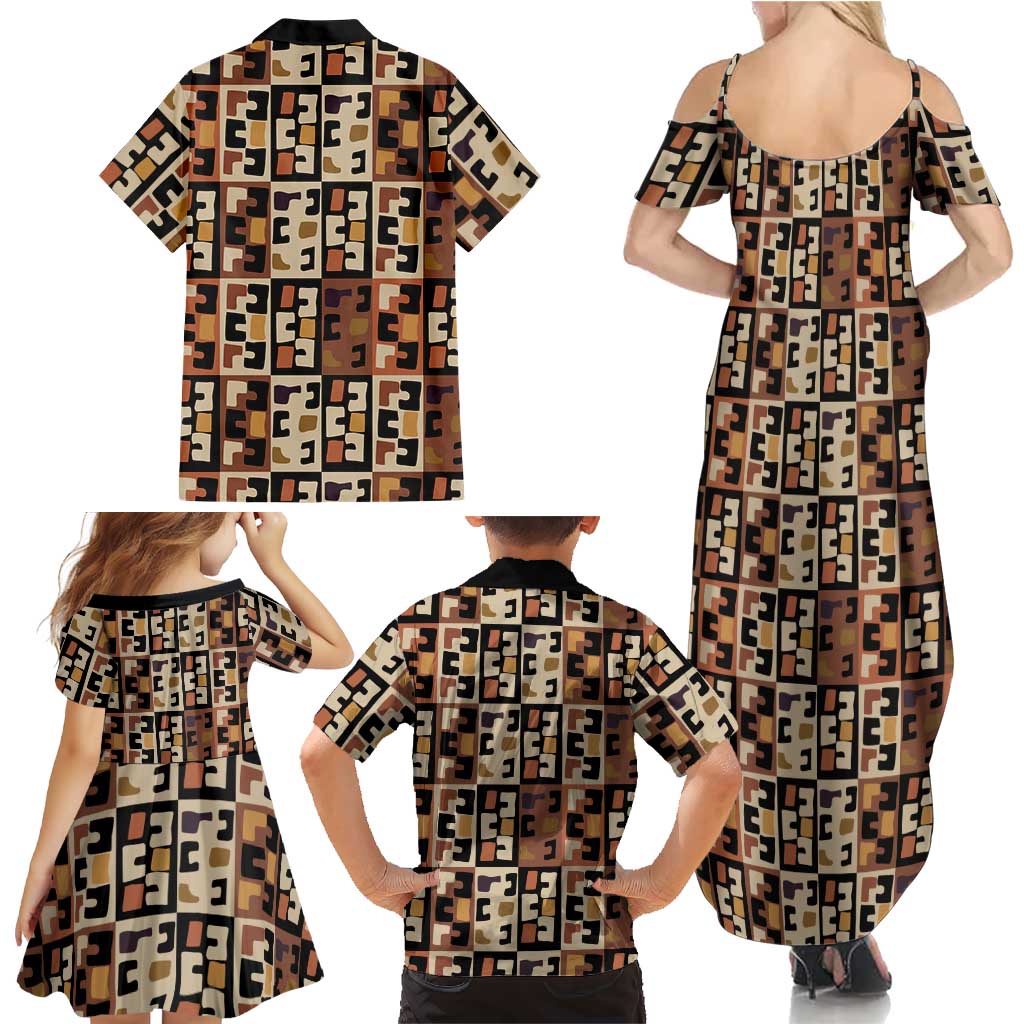 Kuba Flow Family Matching Summer Maxi Dress and Hawaiian Shirt with Geometric Tribal Blocks and Earth-Tone Mosaic Design - Wonder Print Shop