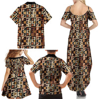 Kuba Flow Family Matching Summer Maxi Dress and Hawaiian Shirt with Geometric Tribal Blocks and Earth-Tone Mosaic Design - Wonder Print Shop