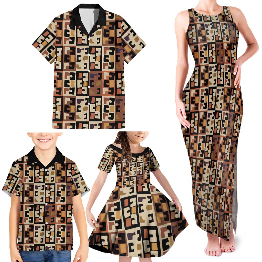Kuba Flow Family Matching Tank Maxi Dress and Hawaiian Shirt with Geometric Tribal Blocks and Earth-Tone Mosaic Design - Wonder Print Shop