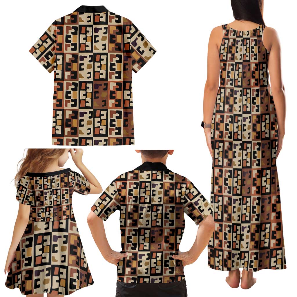 Kuba Flow Family Matching Tank Maxi Dress and Hawaiian Shirt with Geometric Tribal Blocks and Earth-Tone Mosaic Design - Wonder Print Shop