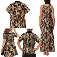 Kuba Flow Family Matching Tank Maxi Dress and Hawaiian Shirt with Geometric Tribal Blocks and Earth-Tone Mosaic Design - Wonder Print Shop