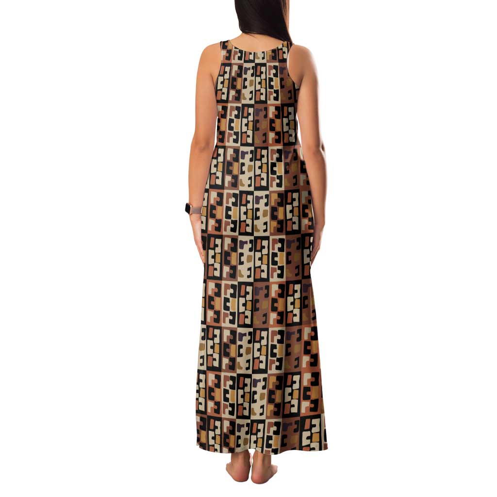 Kuba Flow Family Matching Tank Maxi Dress and Hawaiian Shirt with Geometric Tribal Blocks and Earth-Tone Mosaic Design - Wonder Print Shop
