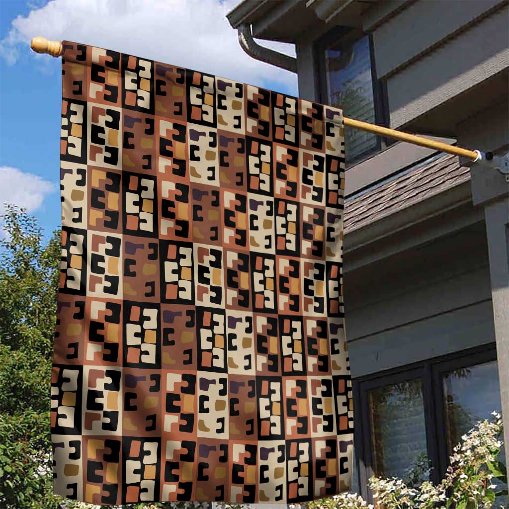 Kuba Flow Garden Flag with Geometric Tribal Blocks and Earth-Tone Mosaic Design - Wonder Print Shop