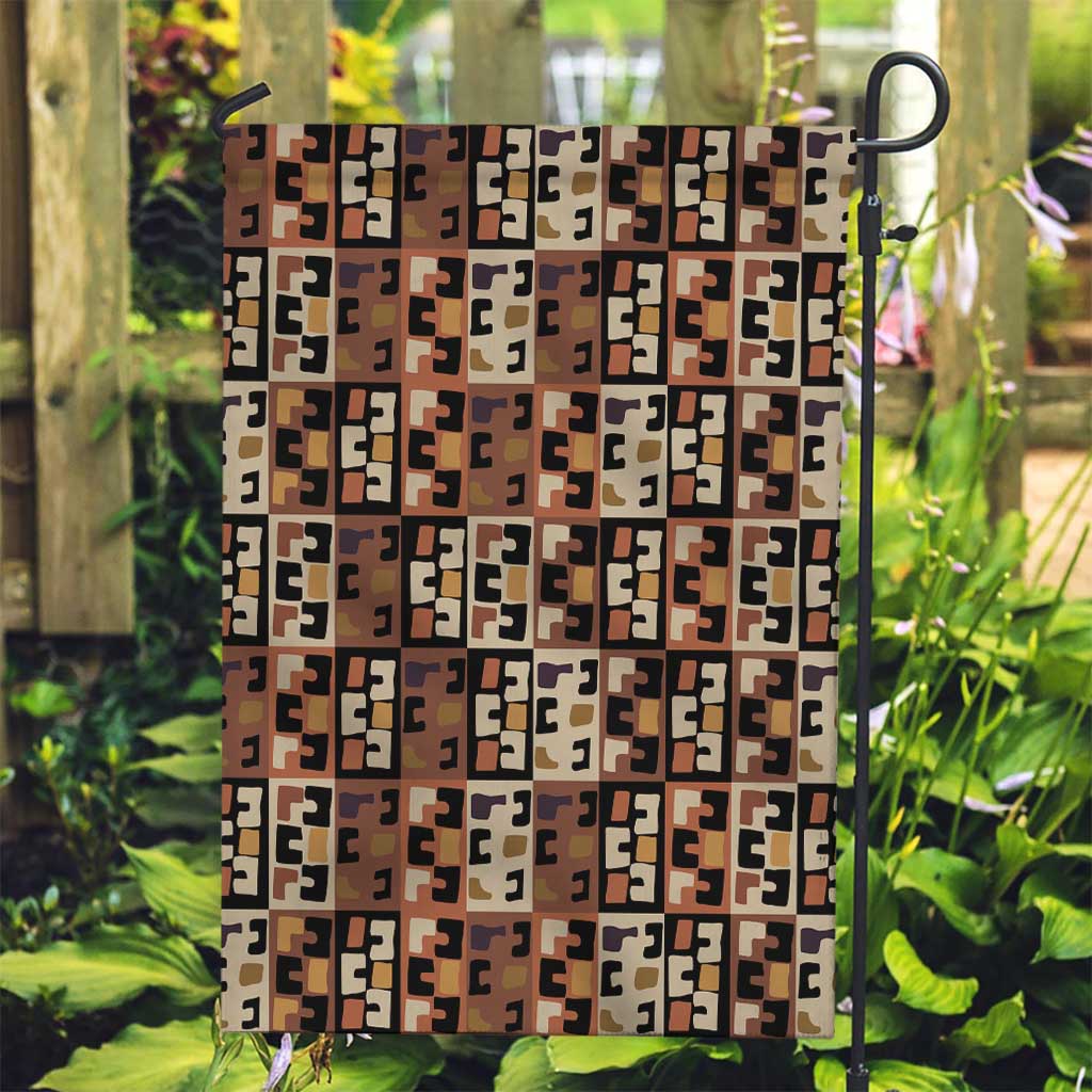 Kuba Flow Garden Flag with Geometric Tribal Blocks and Earth-Tone Mosaic Design - Wonder Print Shop