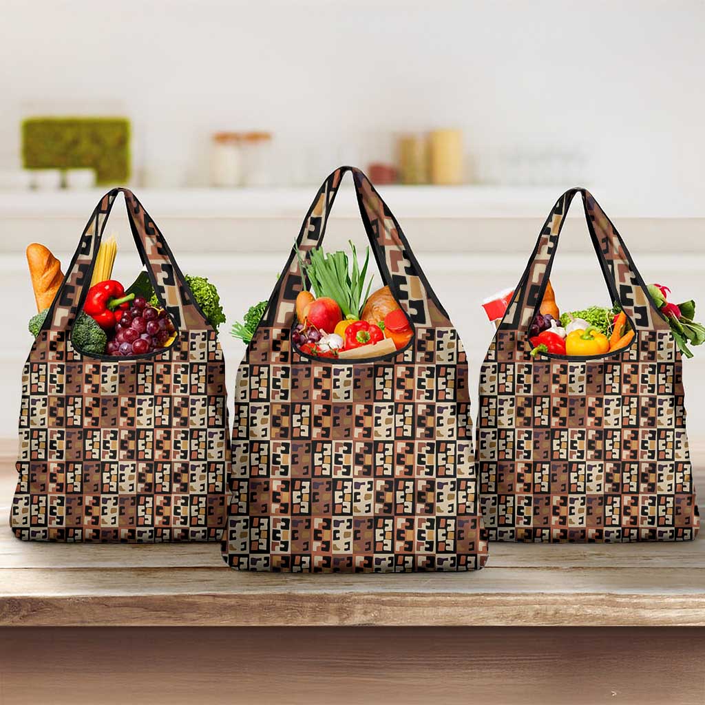 Kuba Flow Grocery Bag with Geometric Tribal Blocks and Earth-Tone Mosaic Design - Wonder Print Shop