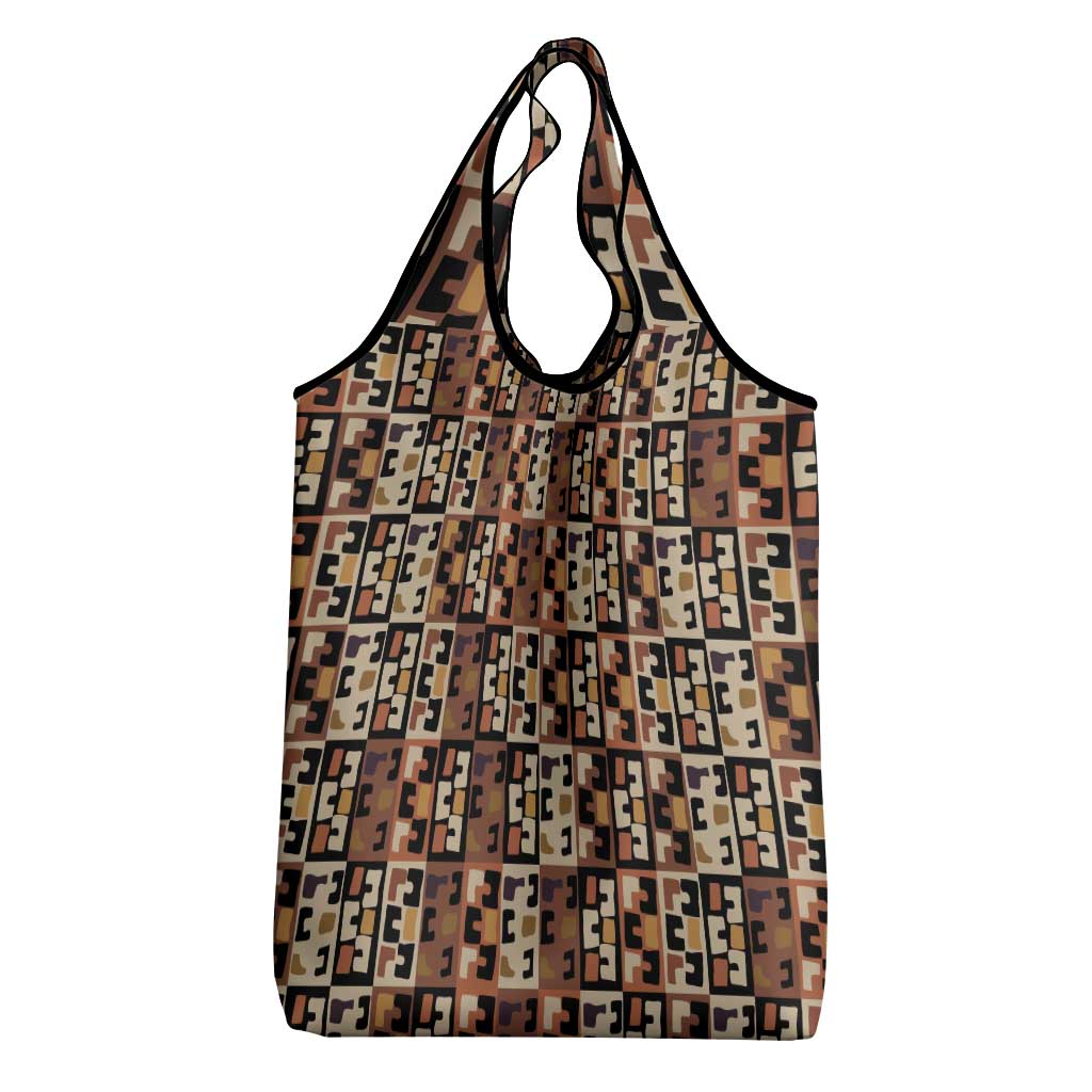 Kuba Flow Grocery Bag with Geometric Tribal Blocks and Earth-Tone Mosaic Design - Wonder Print Shop