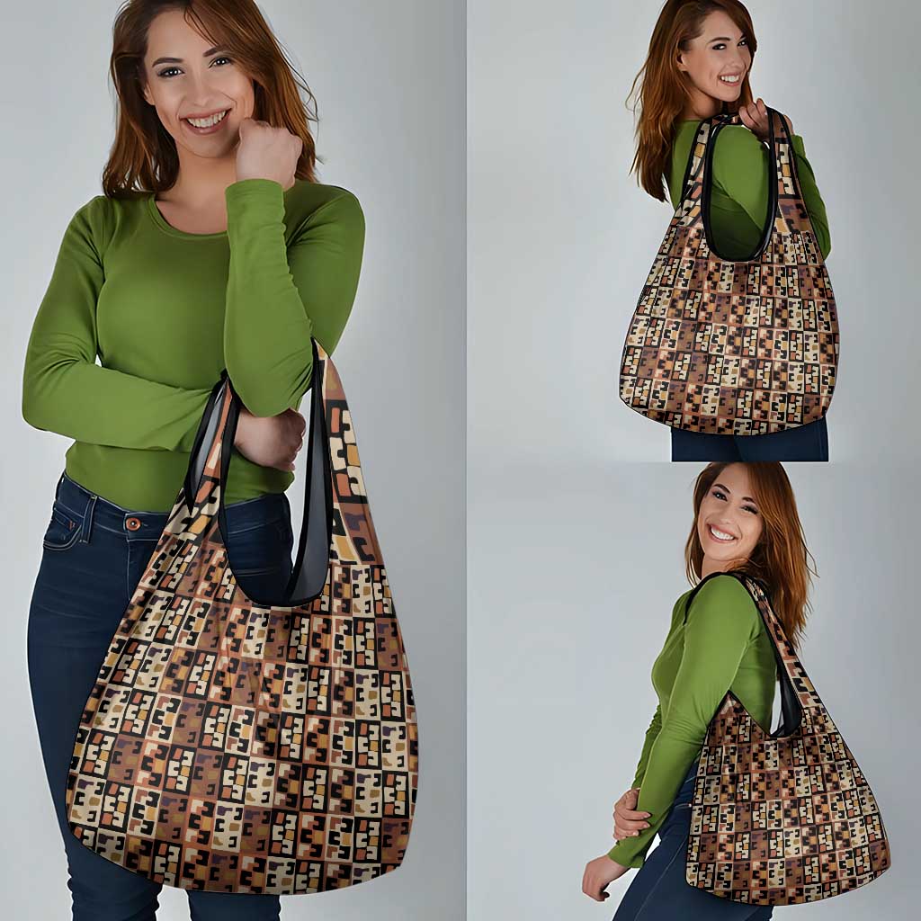 Kuba Flow Grocery Bag with Geometric Tribal Blocks and Earth-Tone Mosaic Design - Wonder Print Shop