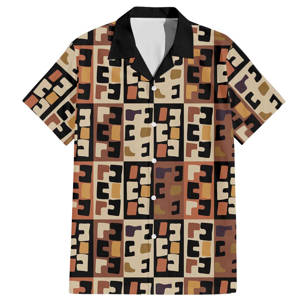 Kuba Flow Hawaiian Shirt with Geometric Tribal Blocks and Earth-Tone Mosaic Design - Wonder Print Shop