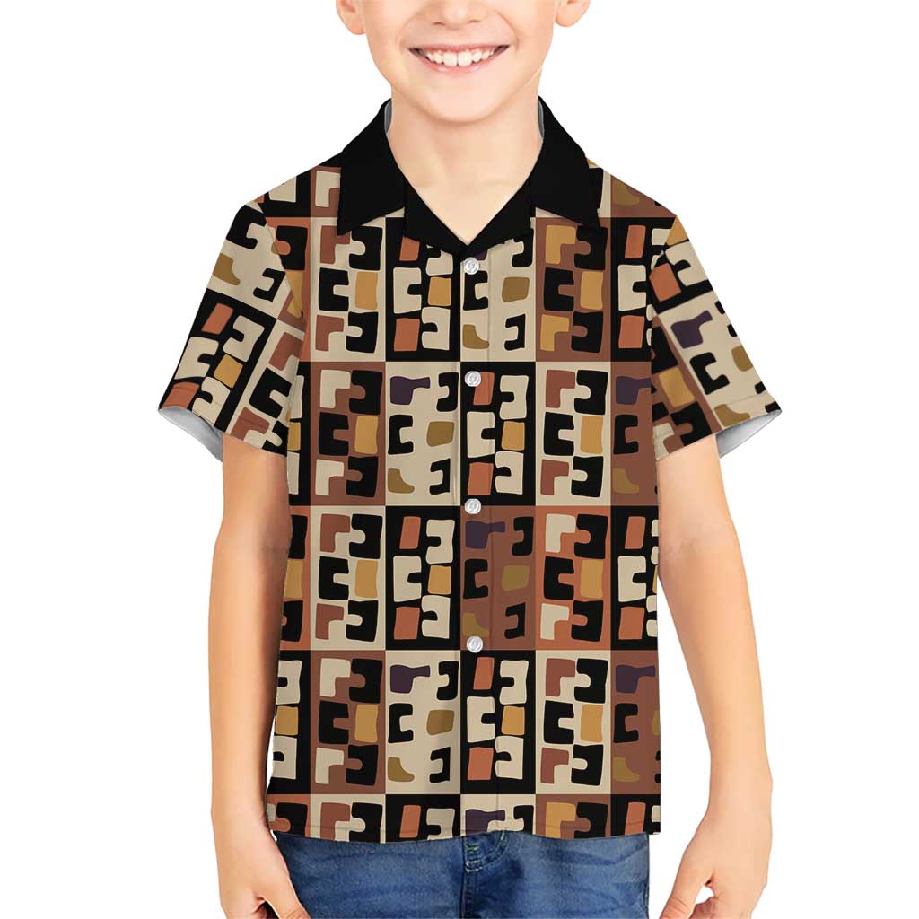 Kuba Flow Hawaiian Shirt with Geometric Tribal Blocks and Earth-Tone Mosaic Design - Wonder Print Shop