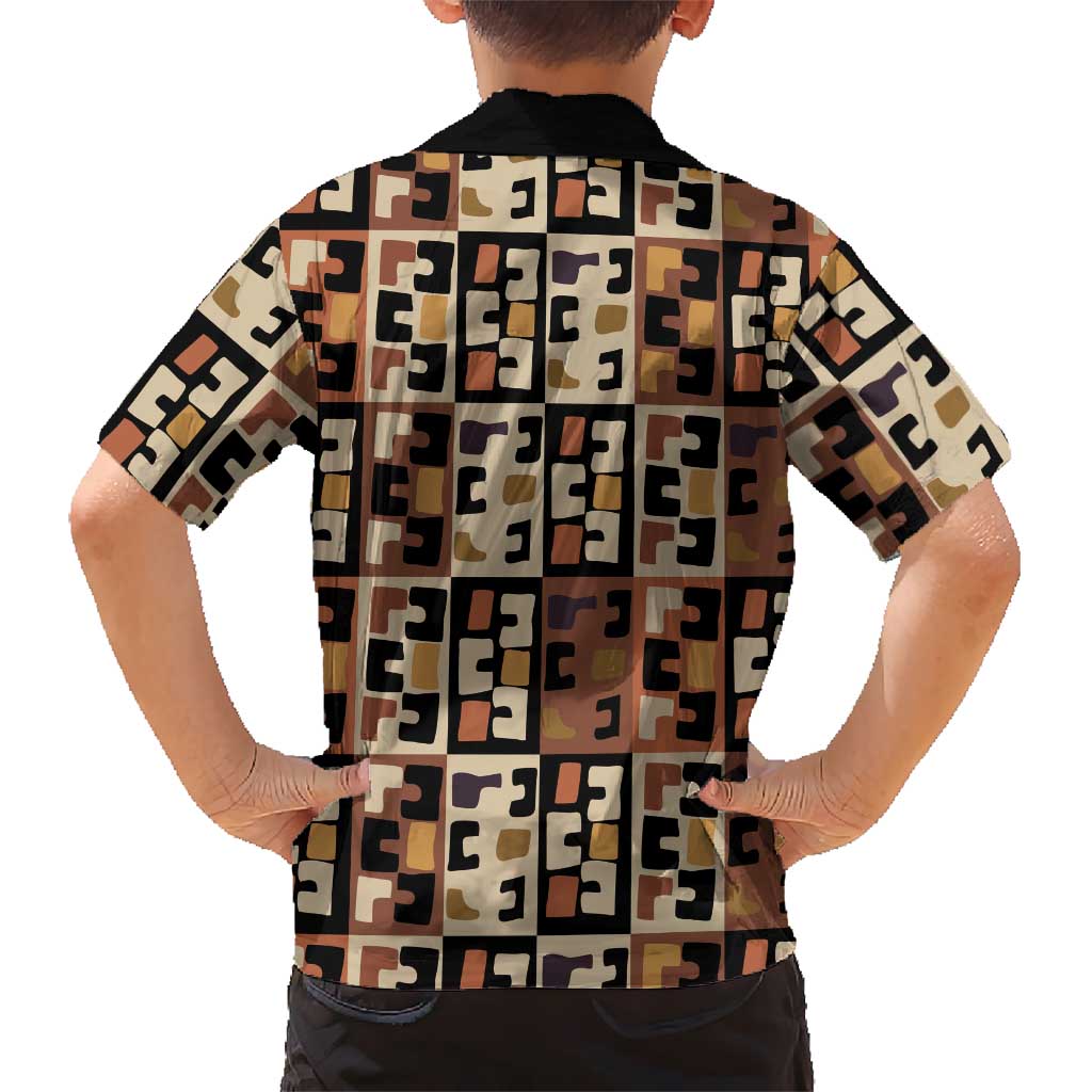 Kuba Flow Hawaiian Shirt with Geometric Tribal Blocks and Earth-Tone Mosaic Design - Wonder Print Shop