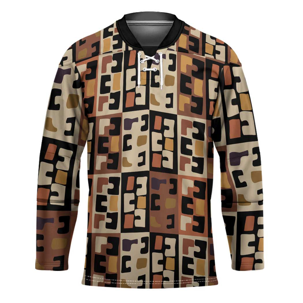 Kuba Flow Hockey Jersey with Geometric Tribal Blocks and Earth-Tone Mosaic Design - Wonder Print Shop