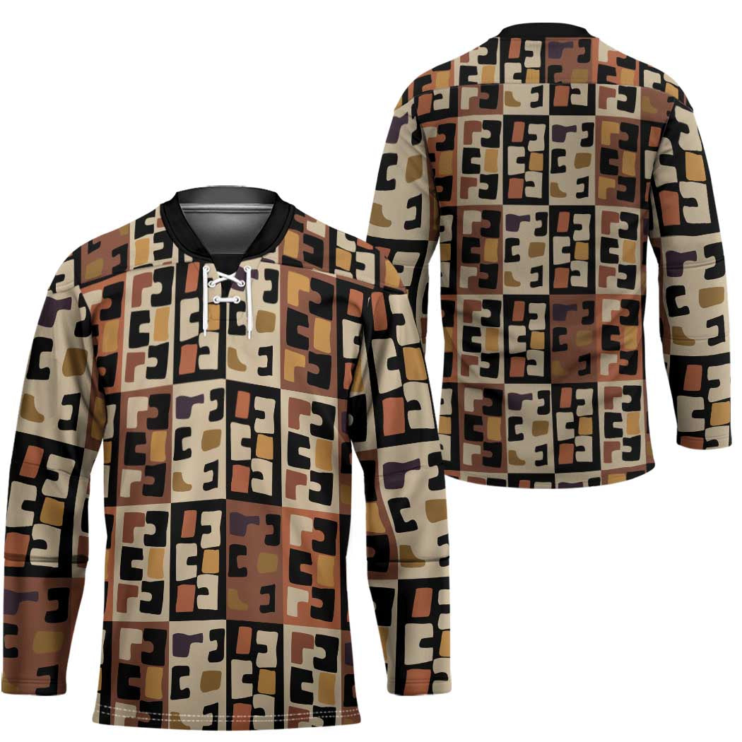 Kuba Flow Hockey Jersey with Geometric Tribal Blocks and Earth-Tone Mosaic Design - Wonder Print Shop