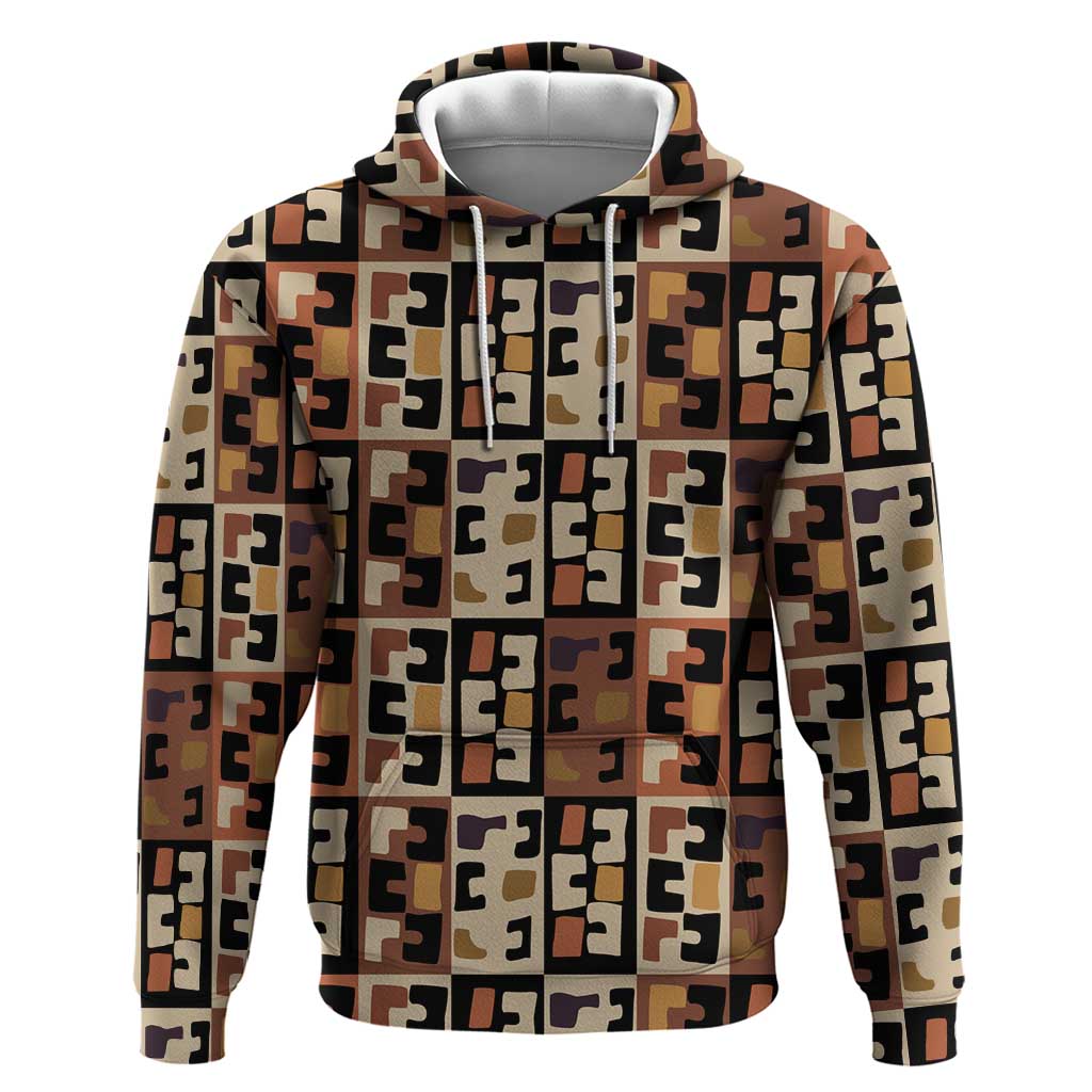 Kuba Flow Hoodie with Geometric Tribal Blocks and Earth-Tone Mosaic Design - Wonder Print Shop