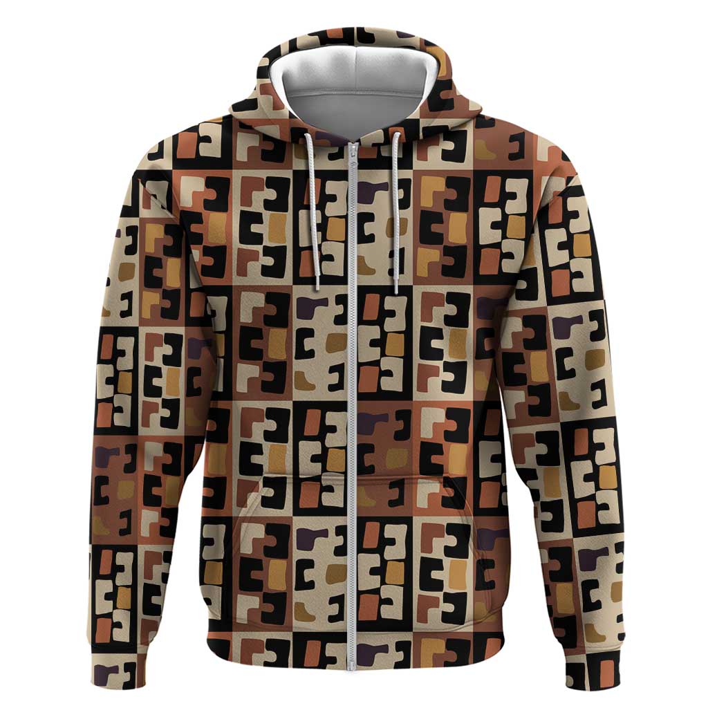 Kuba Flow Hoodie with Geometric Tribal Blocks and Earth-Tone Mosaic Design - Wonder Print Shop
