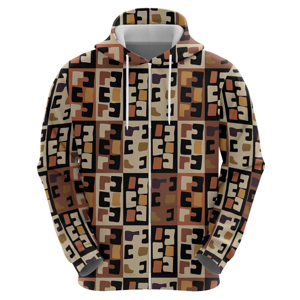 Kuba Flow Hoodie with Geometric Tribal Blocks and Earth-Tone Mosaic Design - Wonder Print Shop