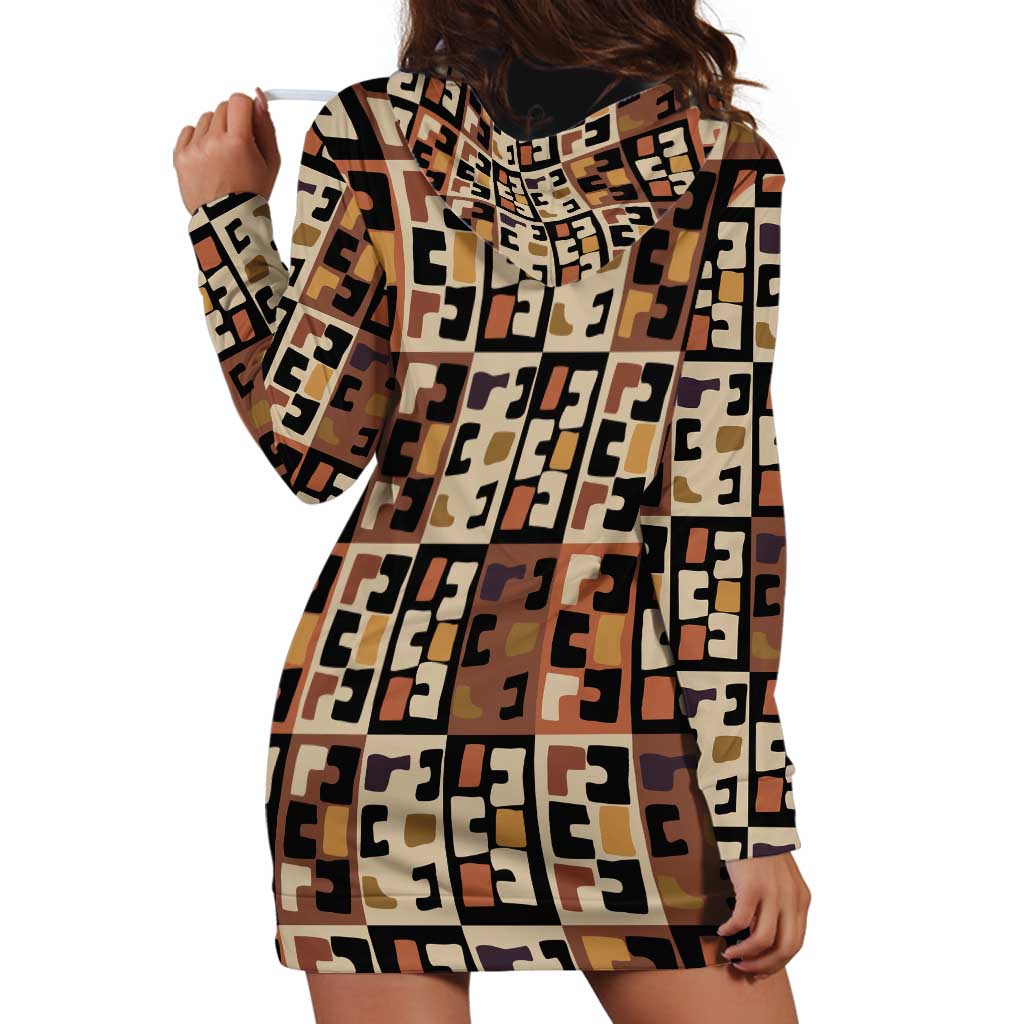 Kuba Flow Hoodie Dress with Geometric Tribal Blocks and Earth-Tone Mosaic Design - Wonder Print Shop