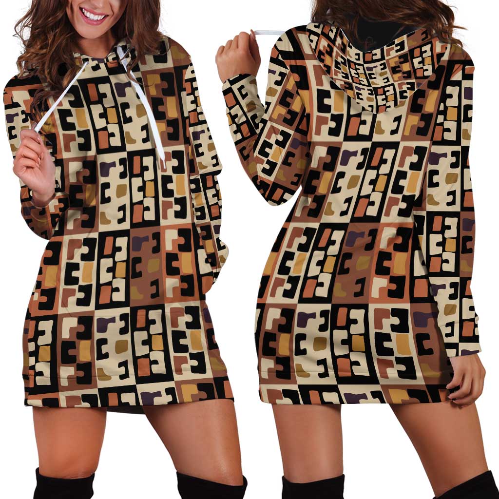 Kuba Flow Hoodie Dress with Geometric Tribal Blocks and Earth-Tone Mosaic Design - Wonder Print Shop
