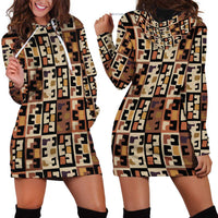 Kuba Flow Hoodie Dress with Geometric Tribal Blocks and Earth-Tone Mosaic Design - Wonder Print Shop