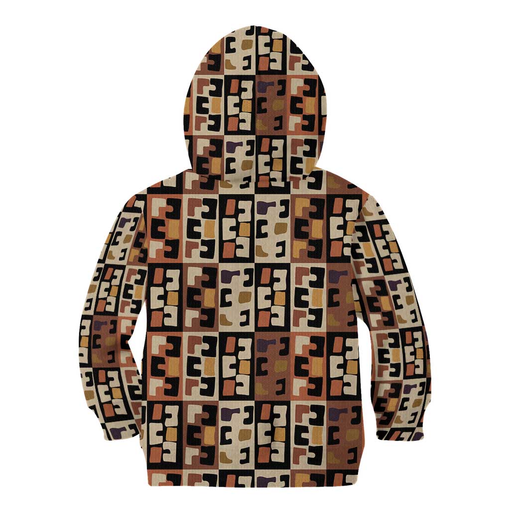 Kuba Flow Kid Hoodie with Geometric Tribal Blocks and Earth-Tone Mosaic Design - Wonder Print Shop