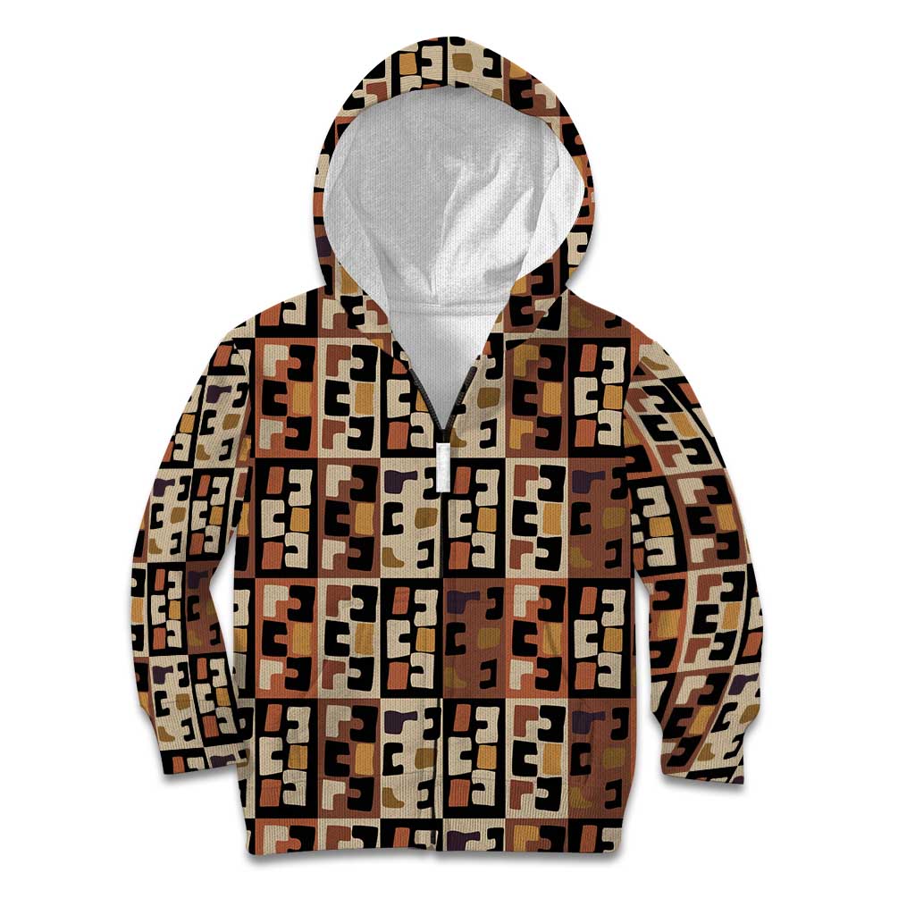 Kuba Flow Kid Hoodie with Geometric Tribal Blocks and Earth-Tone Mosaic Design - Wonder Print Shop