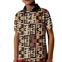 Kuba Flow Kid Polo Shirt with Geometric Tribal Blocks and Earth-Tone Mosaic Design - Wonder Print Shop