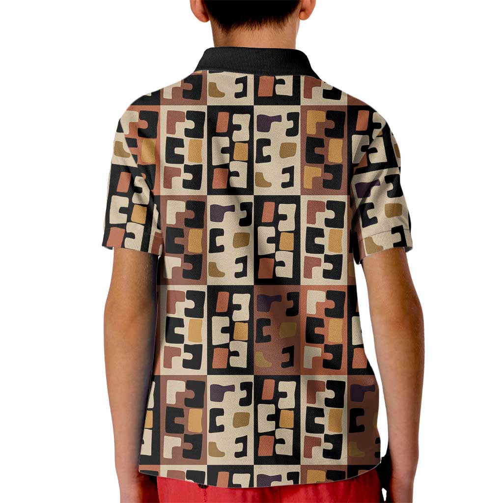 Kuba Flow Kid Polo Shirt with Geometric Tribal Blocks and Earth-Tone Mosaic Design - Wonder Print Shop