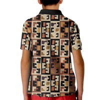Kuba Flow Kid Polo Shirt with Geometric Tribal Blocks and Earth-Tone Mosaic Design - Wonder Print Shop