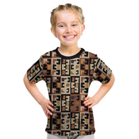 Kuba Flow Kid T Shirt with Geometric Tribal Blocks and Earth-Tone Mosaic Design - Wonder Print Shop