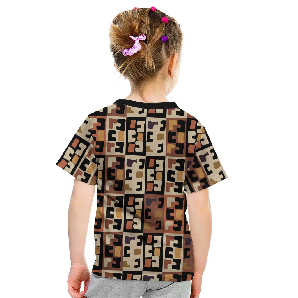 Kuba Flow Kid T Shirt with Geometric Tribal Blocks and Earth-Tone Mosaic Design - Wonder Print Shop