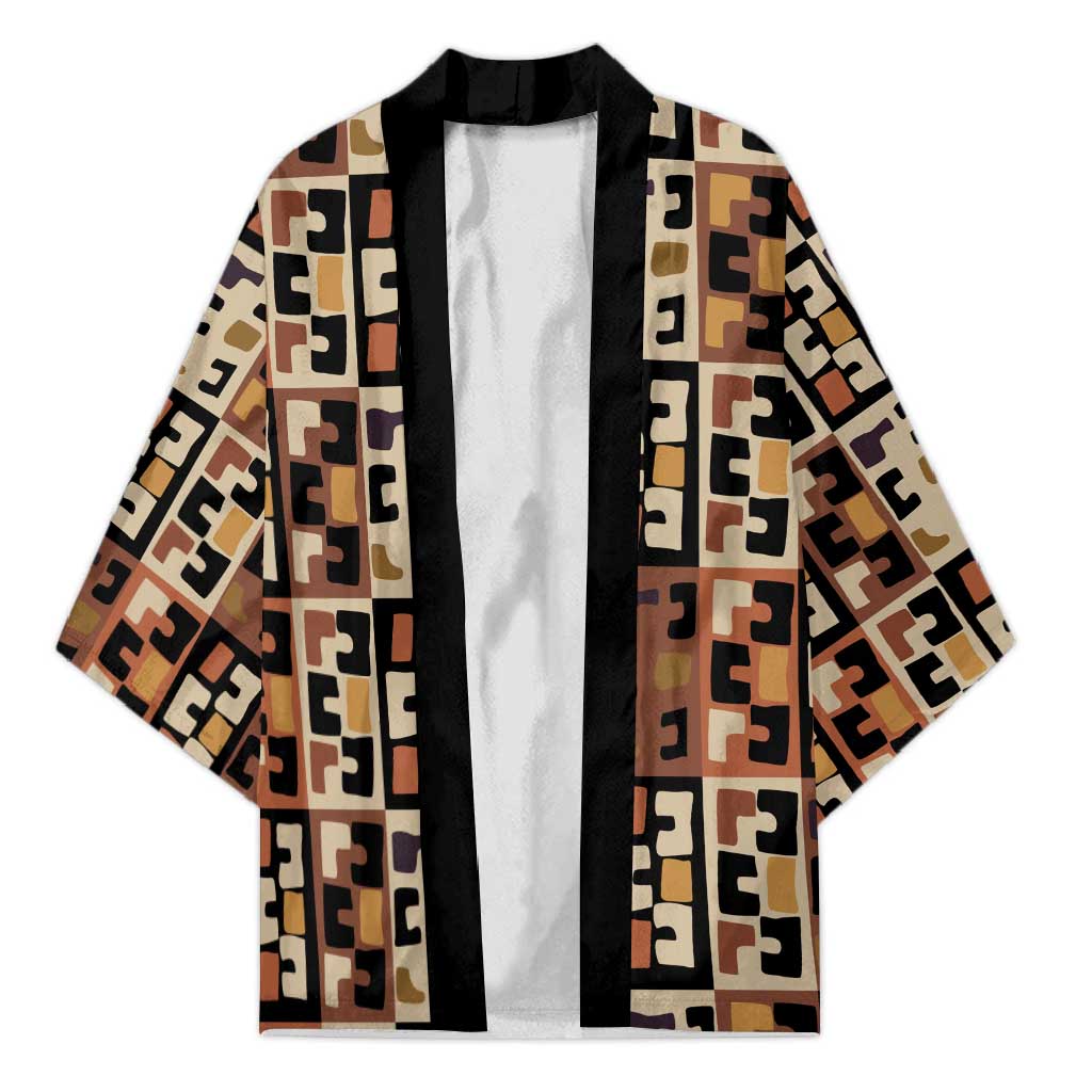 Kuba Flow Kimono with Geometric Tribal Blocks and Earth-Tone Mosaic Design - Wonder Print Shop