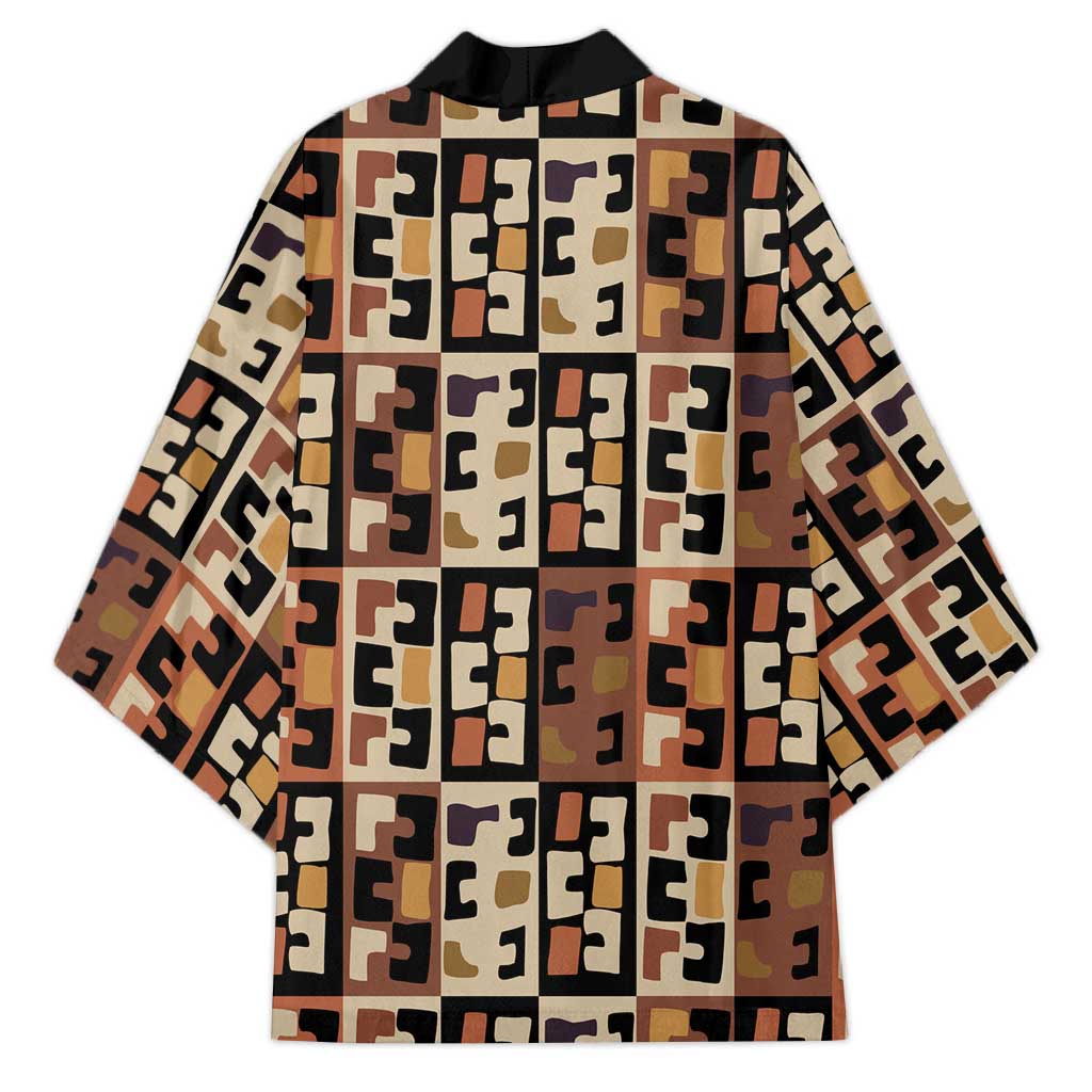 Kuba Flow Kimono with Geometric Tribal Blocks and Earth-Tone Mosaic Design - Wonder Print Shop