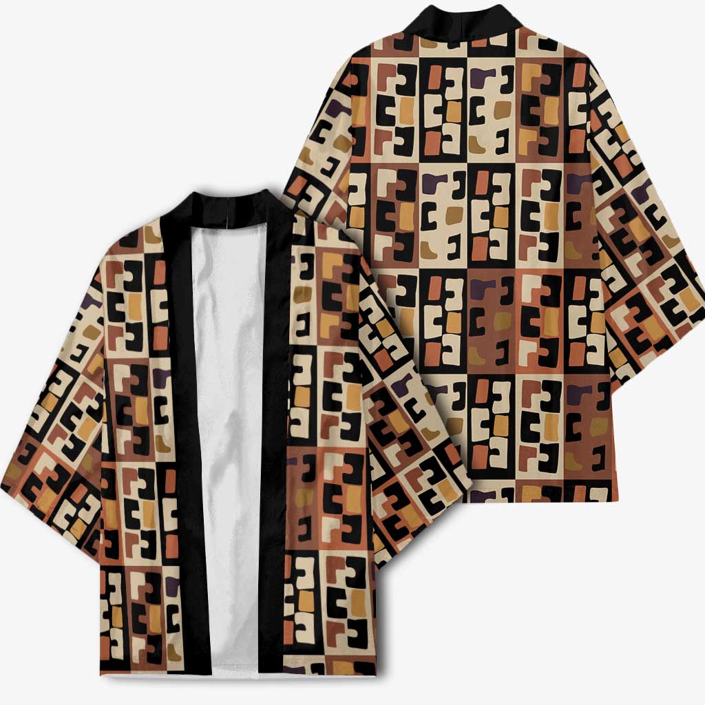 Kuba Flow Kimono with Geometric Tribal Blocks and Earth-Tone Mosaic Design - Wonder Print Shop