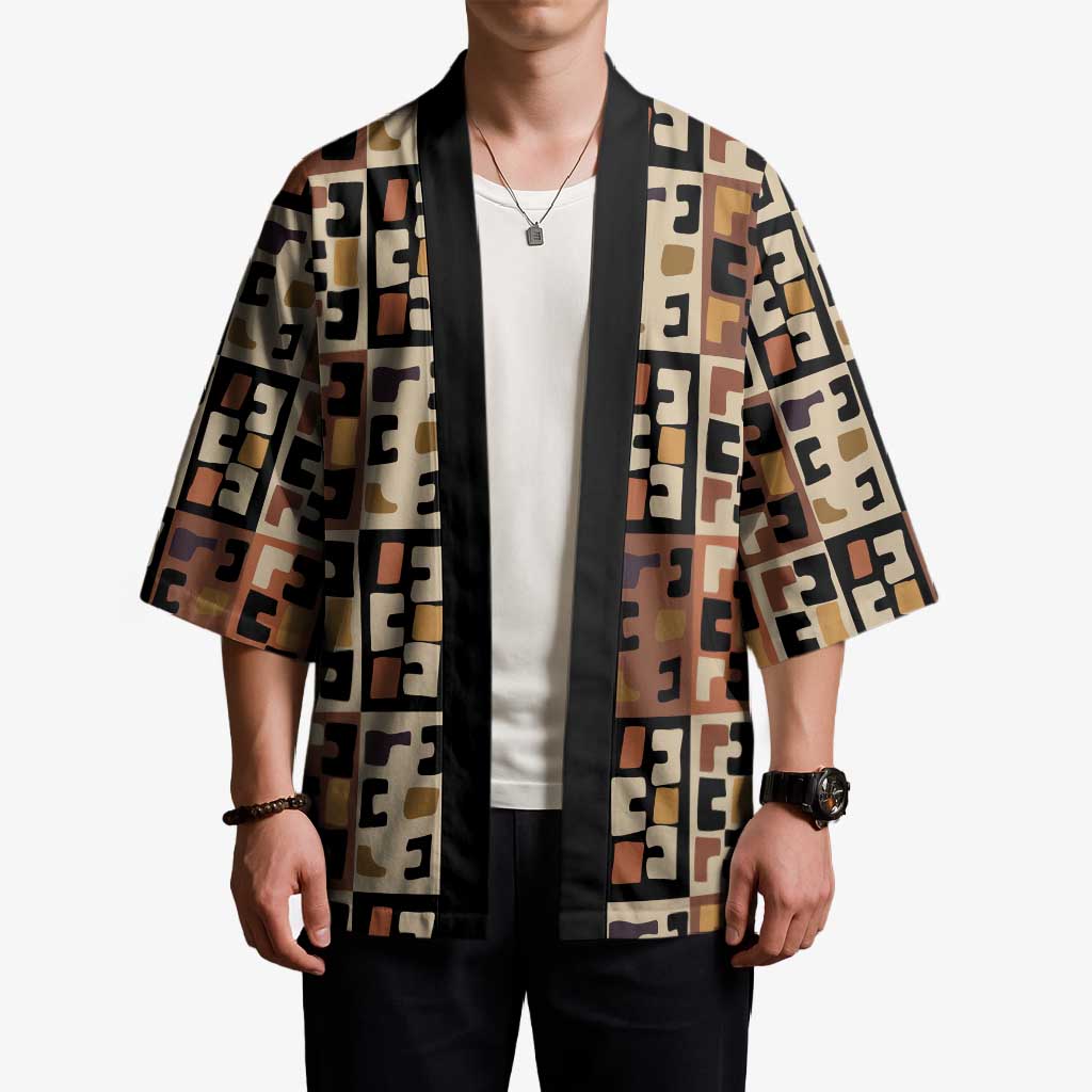 Kuba Flow Kimono with Geometric Tribal Blocks and Earth-Tone Mosaic Design - Wonder Print Shop