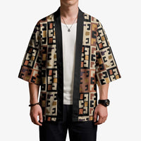 Kuba Flow Kimono with Geometric Tribal Blocks and Earth-Tone Mosaic Design - Wonder Print Shop