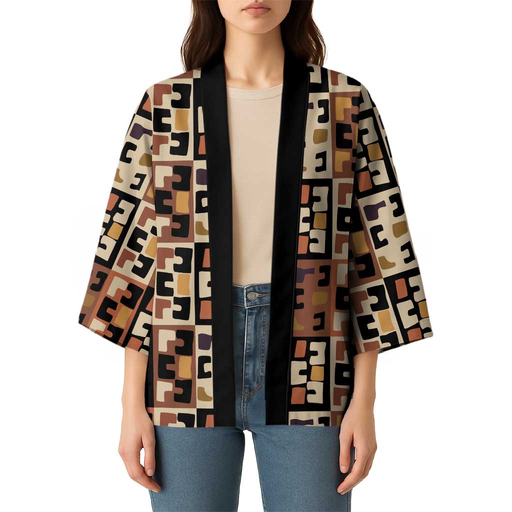 Kuba Flow Kimono with Geometric Tribal Blocks and Earth-Tone Mosaic Design - Wonder Print Shop