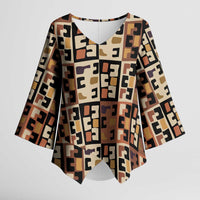Kuba Flow Kimono Sleeve Blouse with Geometric Tribal Blocks and Earth-Tone Mosaic Design - Wonder Print Shop