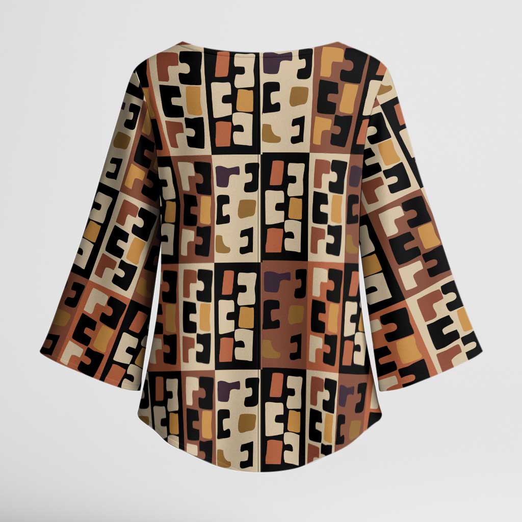 Kuba Flow Kimono Sleeve Blouse with Geometric Tribal Blocks and Earth-Tone Mosaic Design - Wonder Print Shop