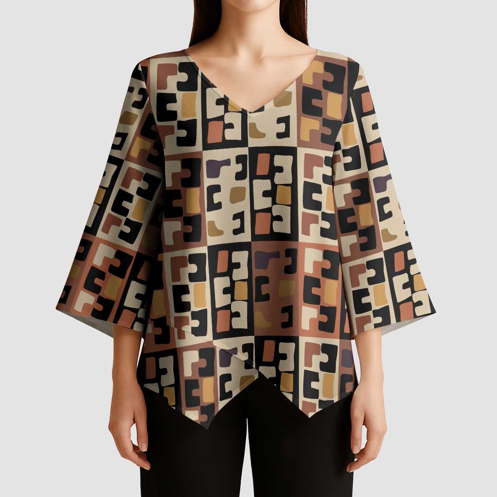 Kuba Flow Kimono Sleeve Blouse with Geometric Tribal Blocks and Earth-Tone Mosaic Design - Wonder Print Shop