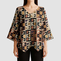Kuba Flow Kimono Sleeve Blouse with Geometric Tribal Blocks and Earth-Tone Mosaic Design - Wonder Print Shop