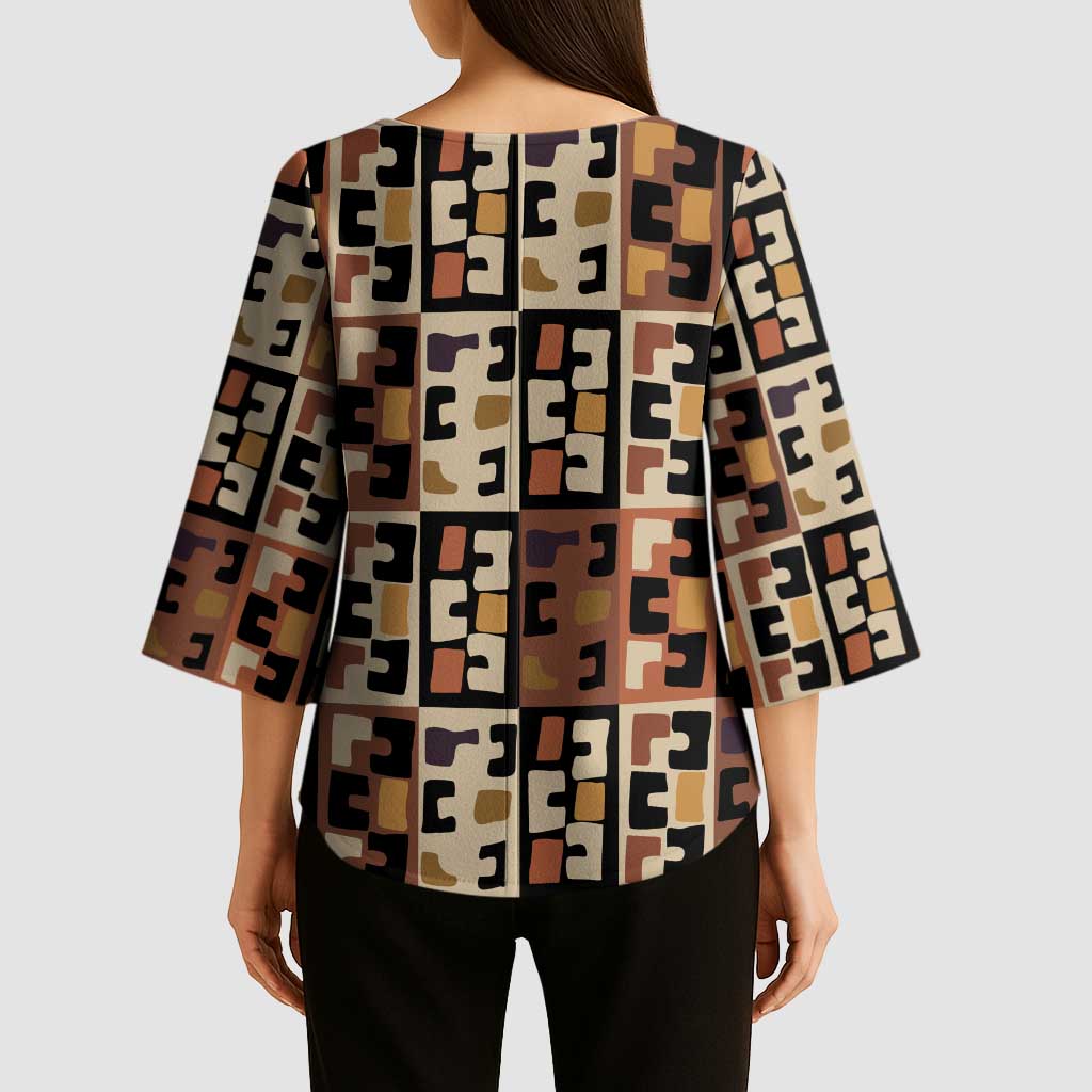 Kuba Flow Kimono Sleeve Blouse with Geometric Tribal Blocks and Earth-Tone Mosaic Design - Wonder Print Shop