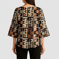 Kuba Flow Kimono Sleeve Blouse with Geometric Tribal Blocks and Earth-Tone Mosaic Design - Wonder Print Shop