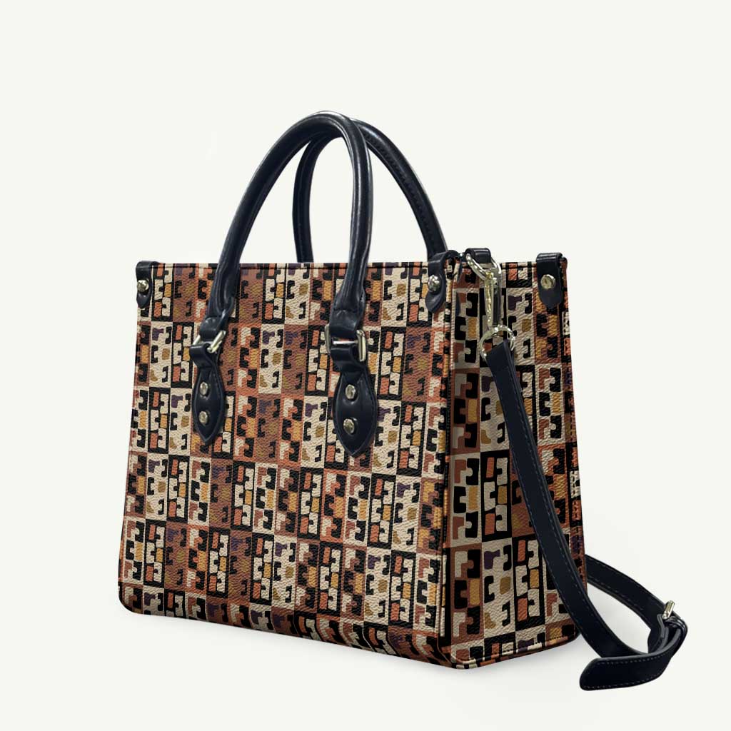 Kuba Flow Leather Bag with Geometric Tribal Blocks and Earth-Tone Mosaic Design - Wonder Print Shop
