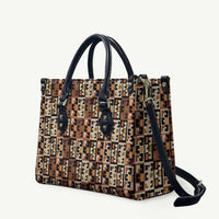 Kuba Flow Leather Bag with Geometric Tribal Blocks and Earth-Tone Mosaic Design - Wonder Print Shop
